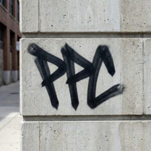 PPS Spray painted on a corner wall