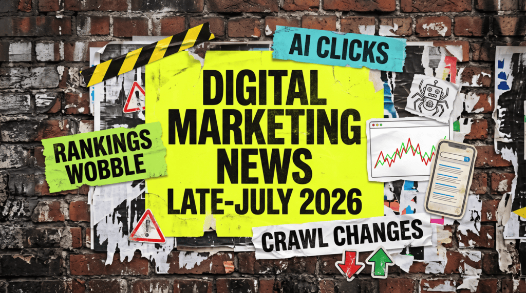 Digital marketing news late-July 2026 banner: fly-posted wall with rankings wobble, AI clicks and crawl changes posters