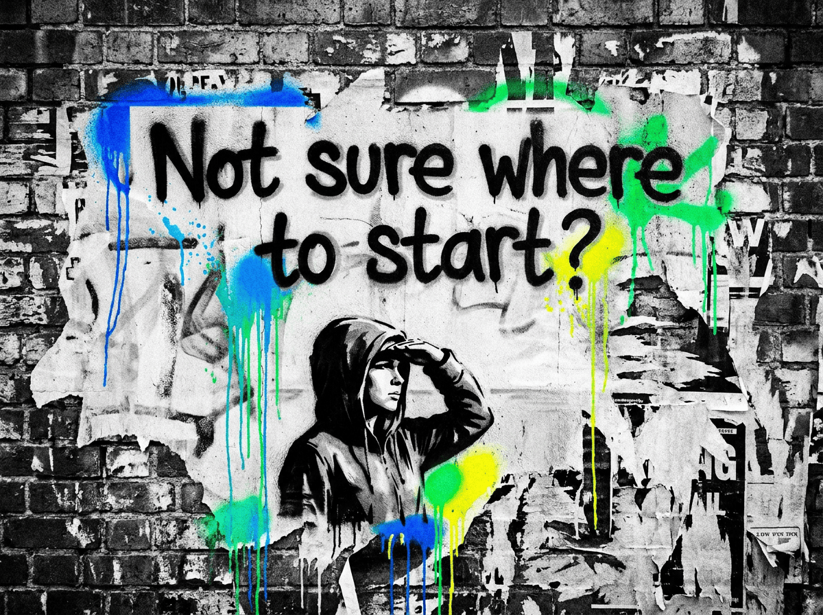 Not sure where to start, Banksy-style graffiti figures