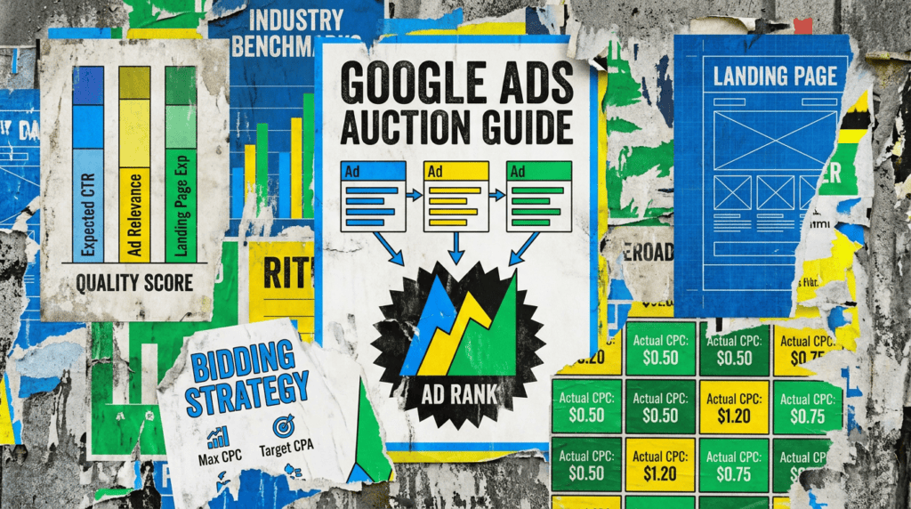 Google Ads auction guide showing Quality Score components feeding Ad Rank and actual CPC