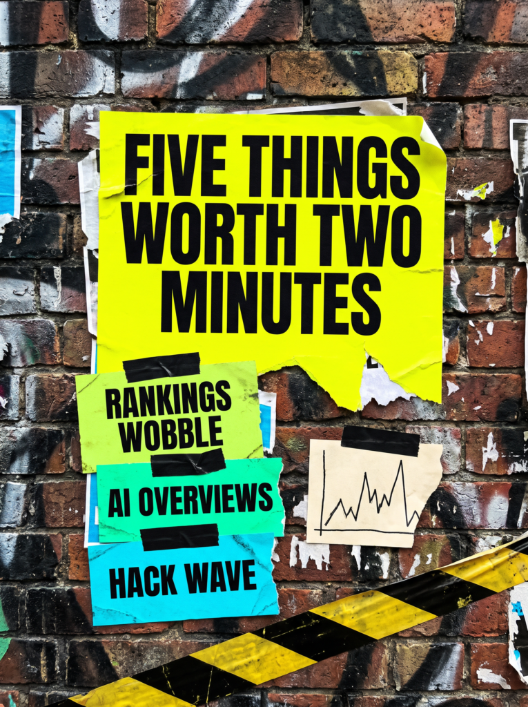 Digital marketing news early-August 2026 quick version poster: rankings wobble, AI Overviews and hack wave cards