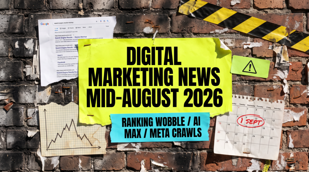 Digital Marketing News Mid-August 2026 round-up poster on a fly-posted brick wall