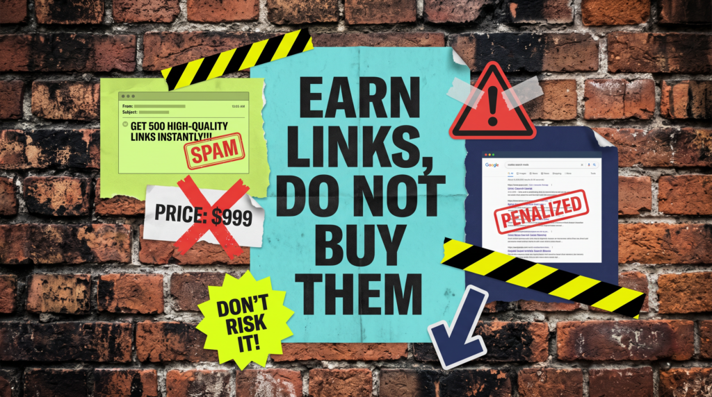 Earn backlinks rather than buying them, bulk link seller email crossed out on a fly-posted wall