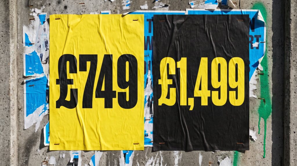 AI SEO package pricing posters showing £749 and £1,499