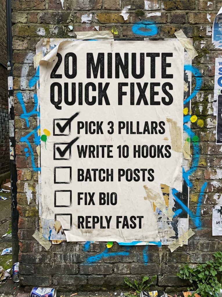 Social Guide for Small Business quick fixes Quick checks for picking the best social media for small business, summarised on a poster.