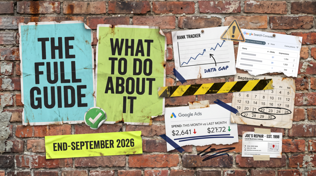 Digital marketing news end-September 2026 full guide poster with a rank tracker chart, a September calendar and a Google Ads spend comparison