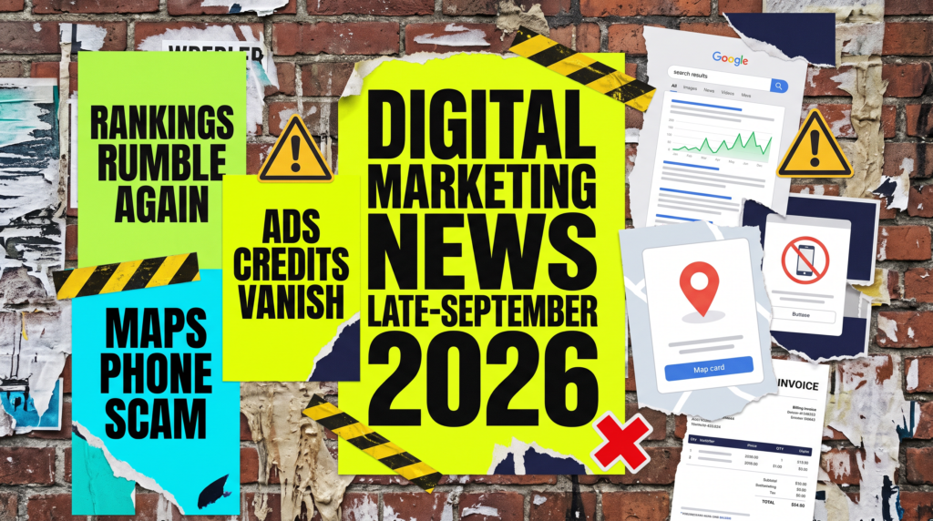 Digital marketing news late-September 2026 fly-posted wall with posters for rankings, a Maps phone scam and Google Ads credits