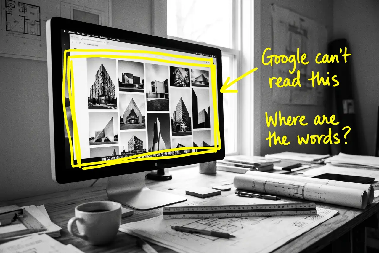 Architecture portfolio website with no text for Google to read, marker-annotated photo
