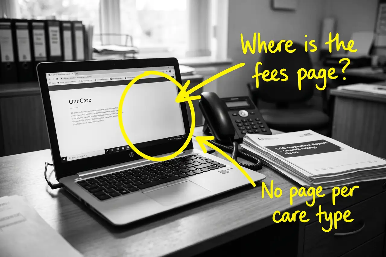 Care home website with the fees page missing, marker-annotated photo