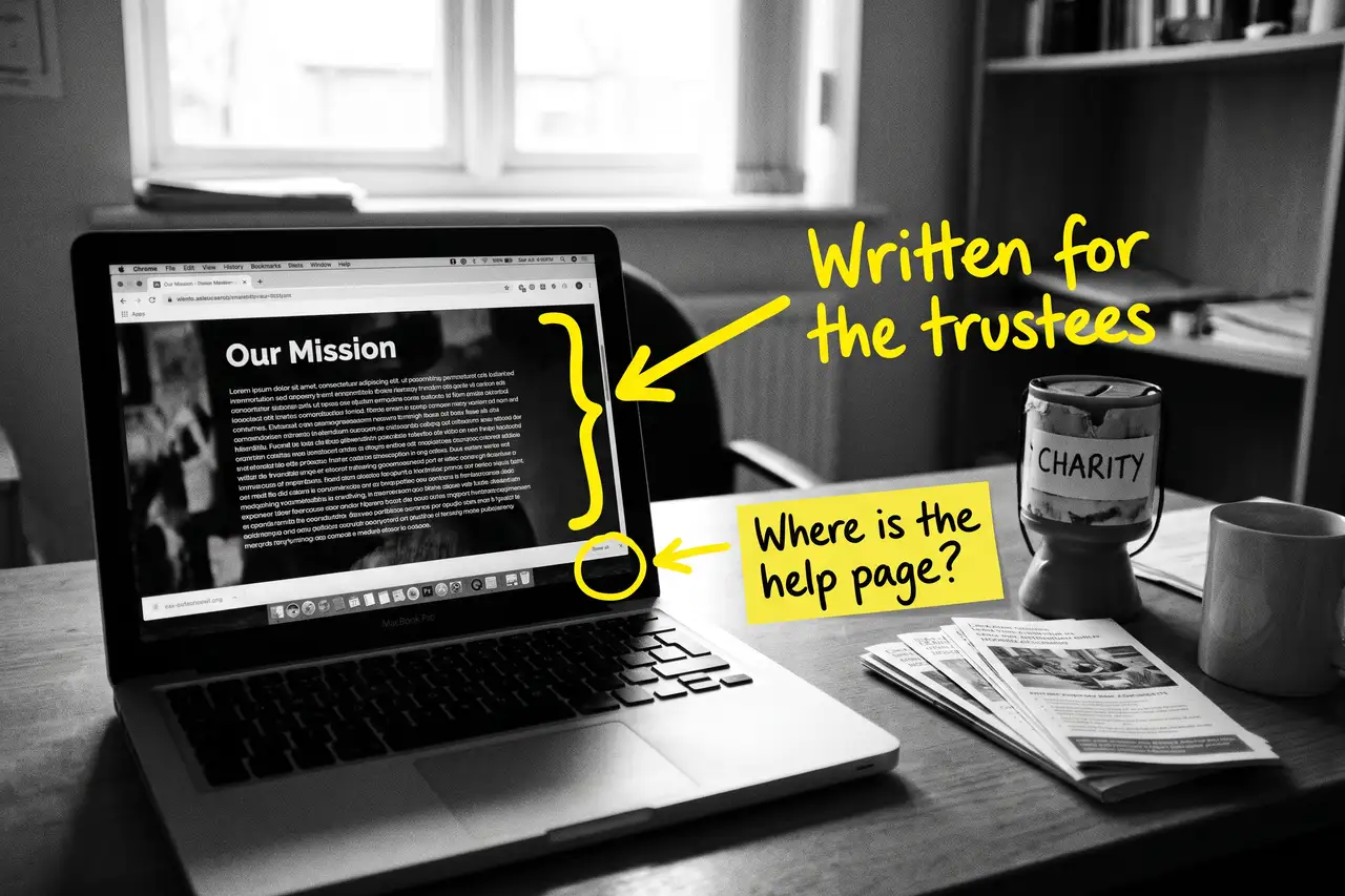 Charity website written for the trustees not the person searching, marker-annotated photo