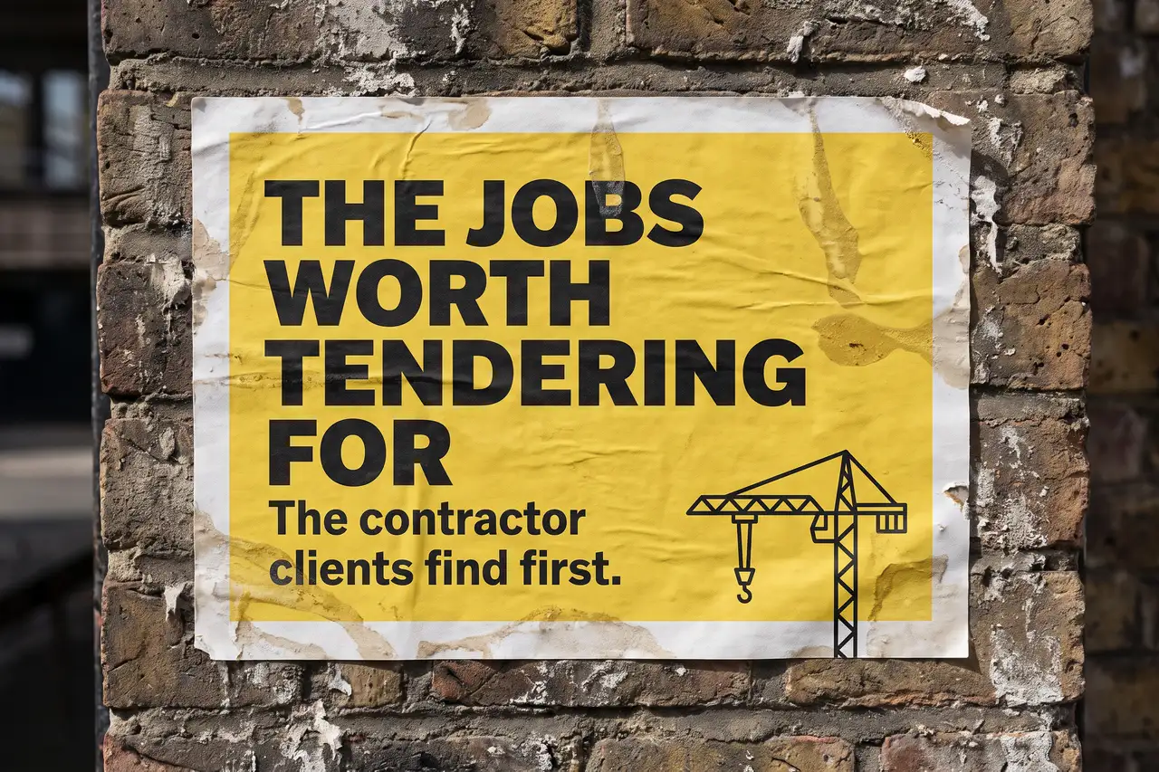 How To Get More Construction Leads Without Buying Them poster pasted on a brick wall