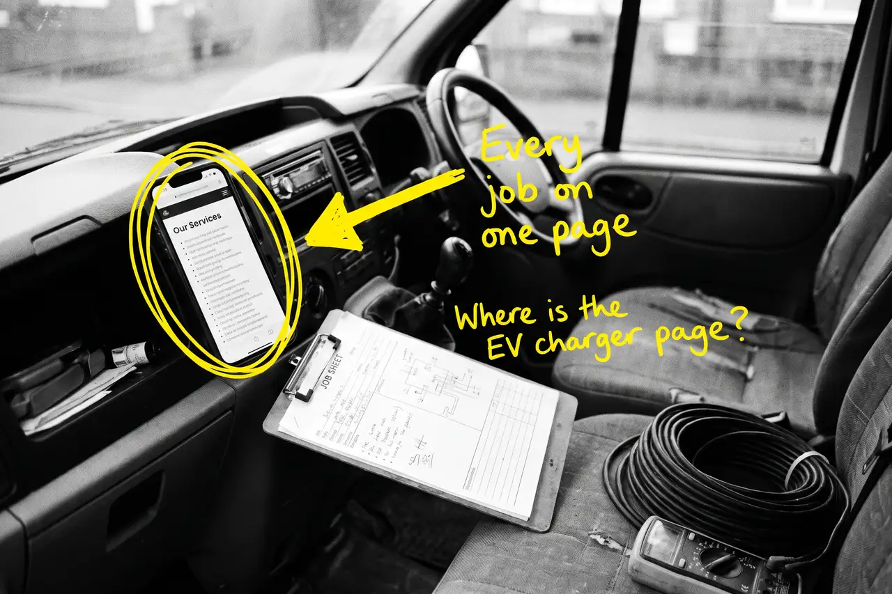 Electrician's website with every job on one page, marker-annotated photo