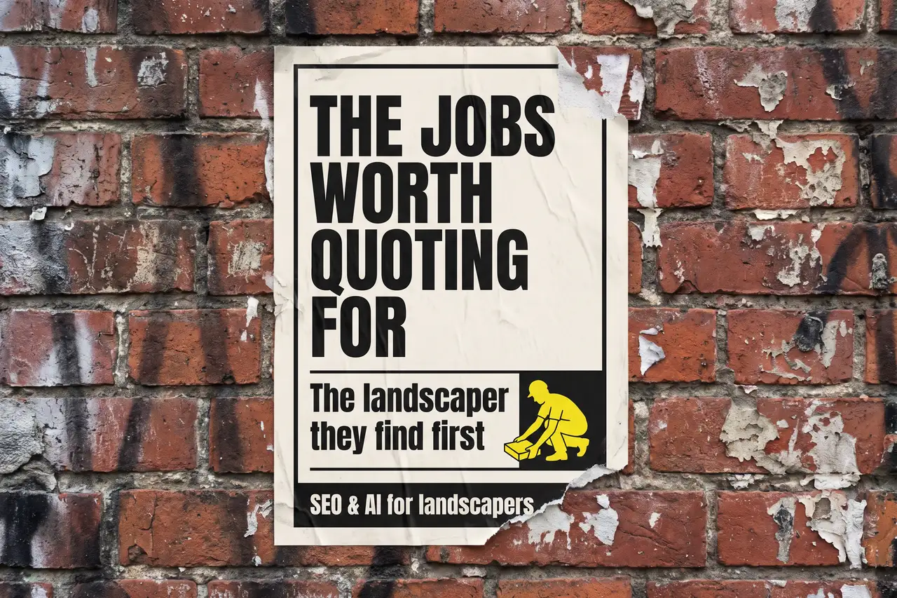 How To Get More Landscaping Clients Without Paying For Leads poster pasted on a brick wall