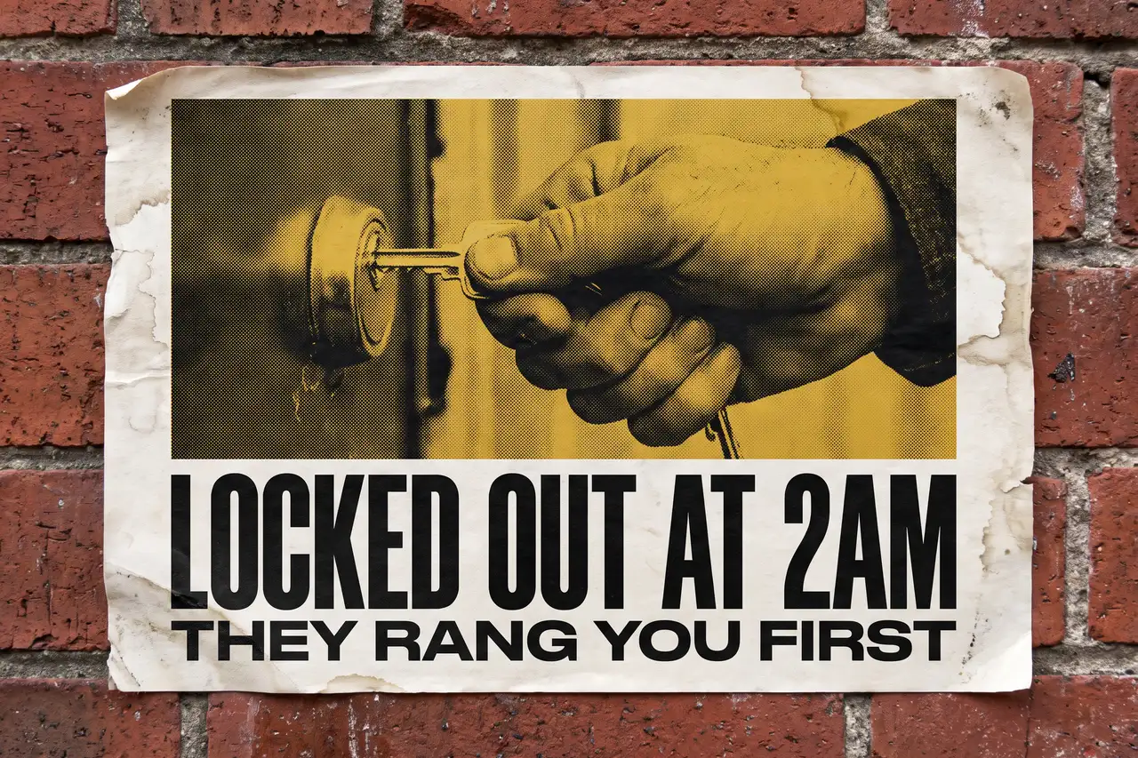 Why Is My Locksmith Website Not Getting Calls? poster pasted on a brick wall