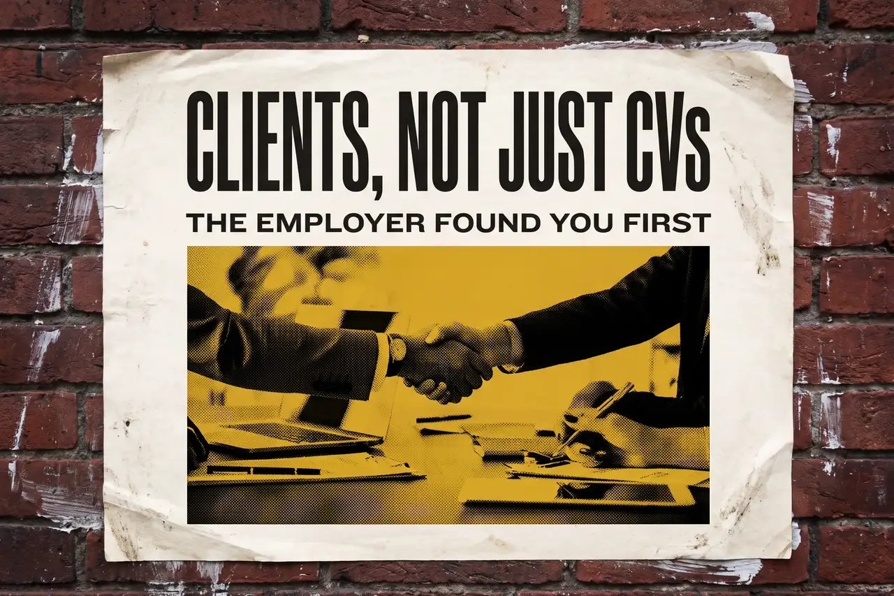 How Do I Get Clients For My Recruitment Agency? poster pasted on a brick wall