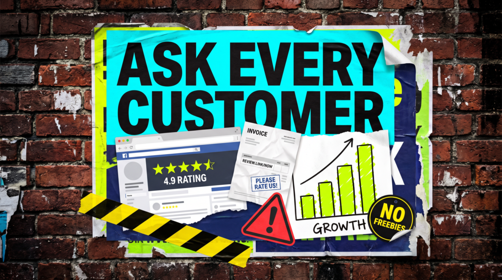 Ask every customer poster showing a star rating, invoice review link and growth chart