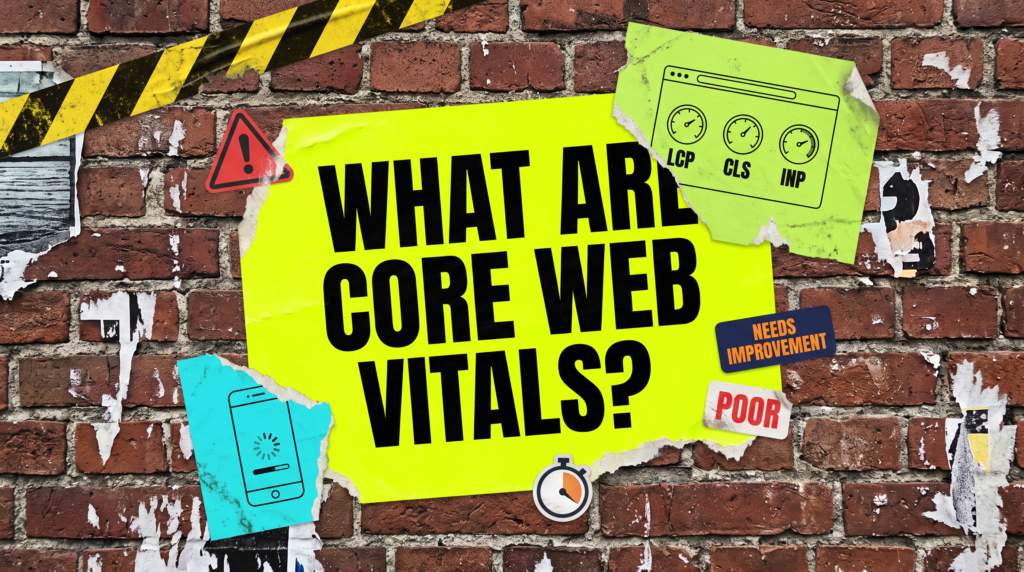 What are Core Web Vitals poster on a brick wall with LCP, CLS and INP gauges