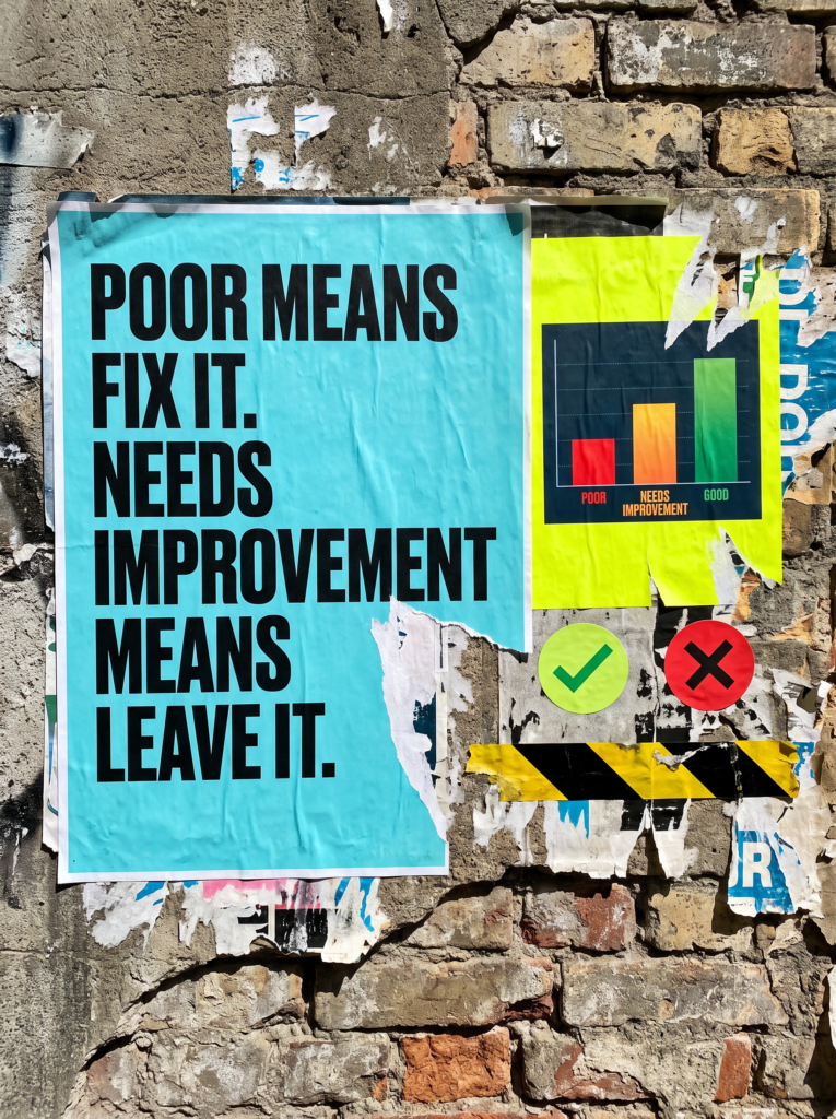 Poster reading poor means fix it, needs improvement means leave it, beside a Search Console bar chart