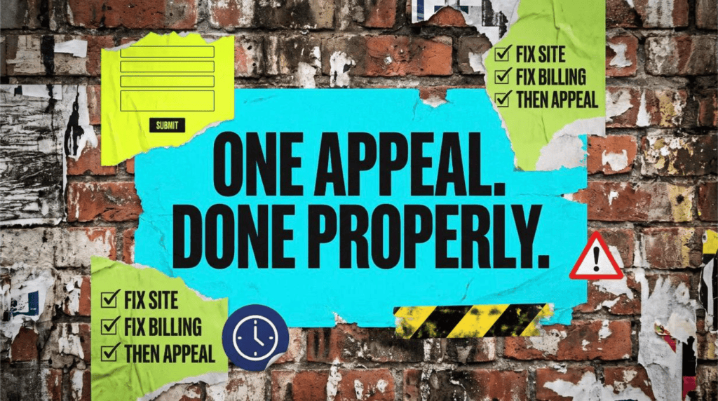 One appeal done properly poster for the why is my Google Ads account suspended full guide, with an appeal form and fix checklist