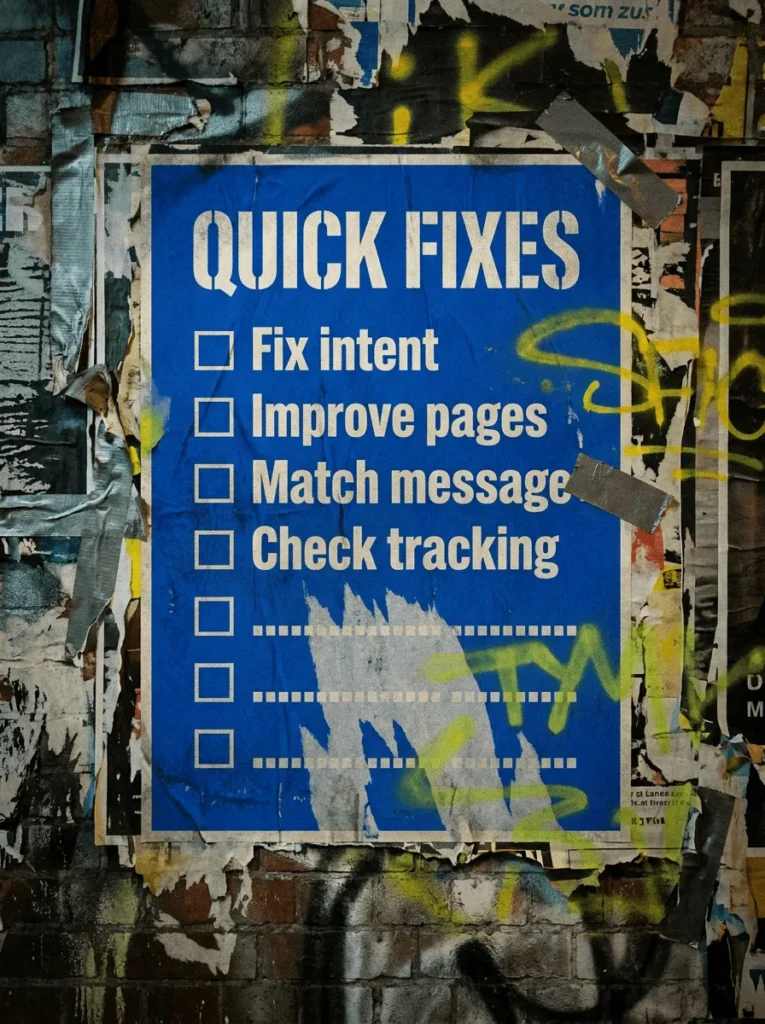 Detailed infographic on Google Ads getting clicks but no conversions, breaking down the guide's main points.