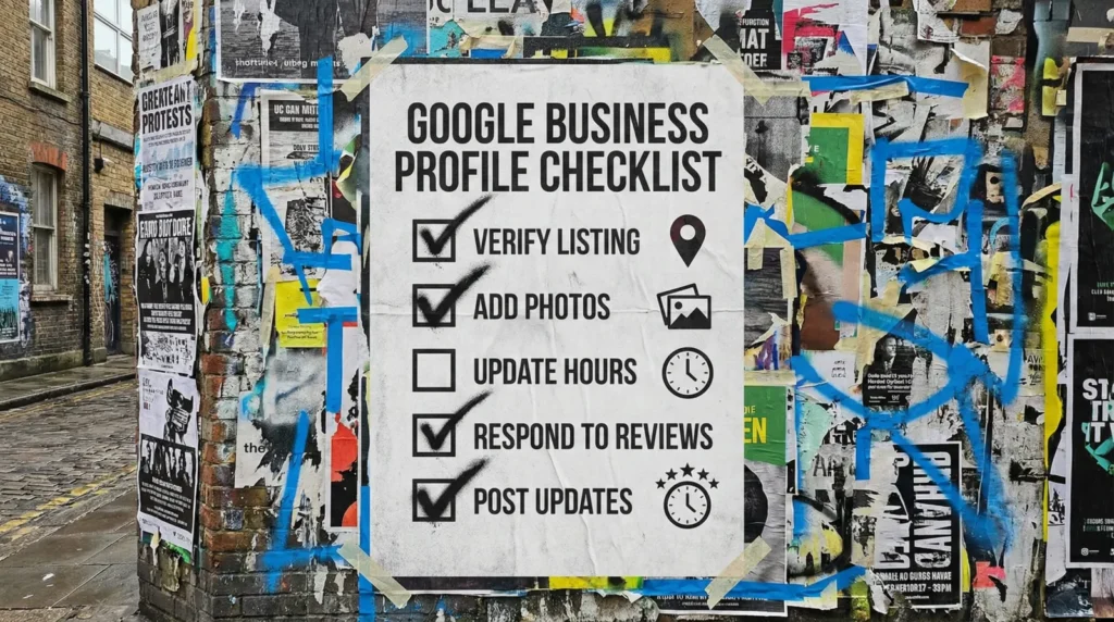 Poster reading Google Business Profile Optimisation Checklist: verifying the listing, adding photos, hours and reviews.