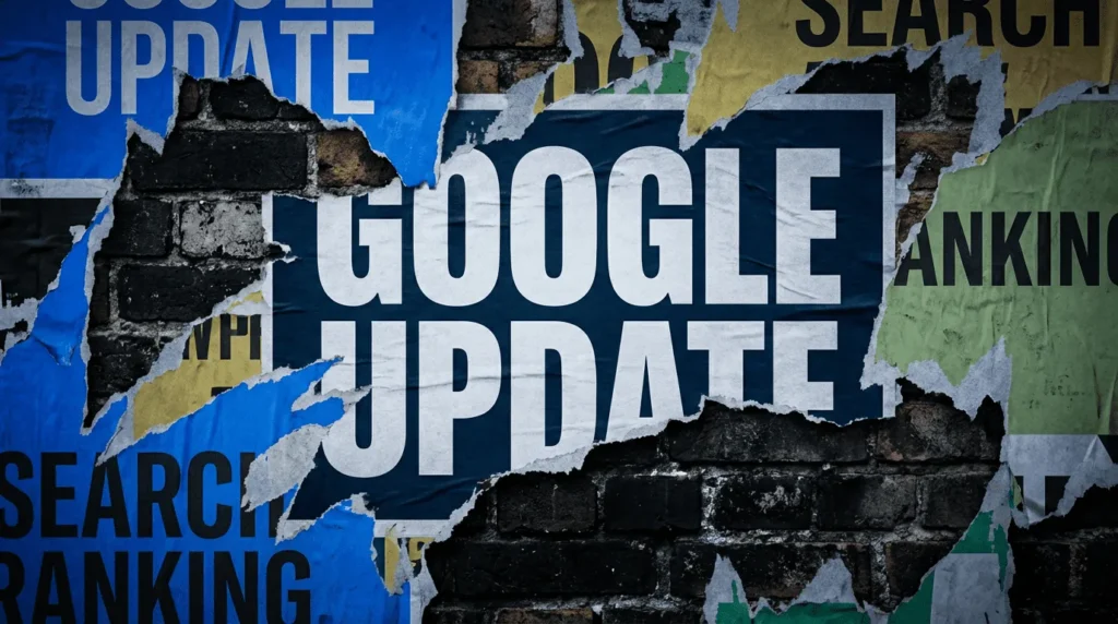 Bold street poster reading Google Update, March 2026, amid torn posters about search rankings on a graffiti wall.