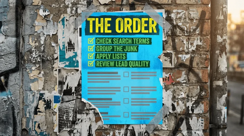 Negative Keywords Fix Order Detailed infographic on negative keywords for Google Ads, breaking down the guide's main points.