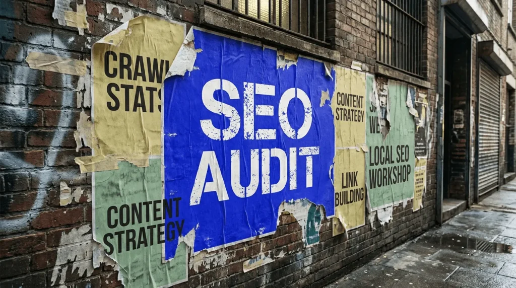 SEO Audit Checlist Banner Blue poster reading SEO Audit, an SEO audit checklist, on a wall of torn posters about crawl stats and link building.