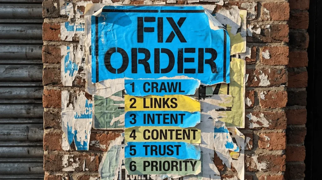 SEO Audit Checlist Fix Order Detailed infographic on an SEO audit checklist, breaking down the guide's main points.