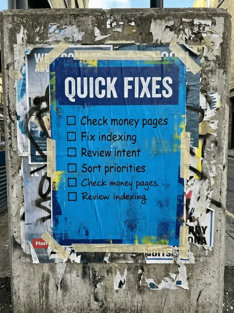 SEO Audit Checlist Quick Fixes At-a-glance summary graphic on an SEO audit checklist, pulling out the guide's main points.