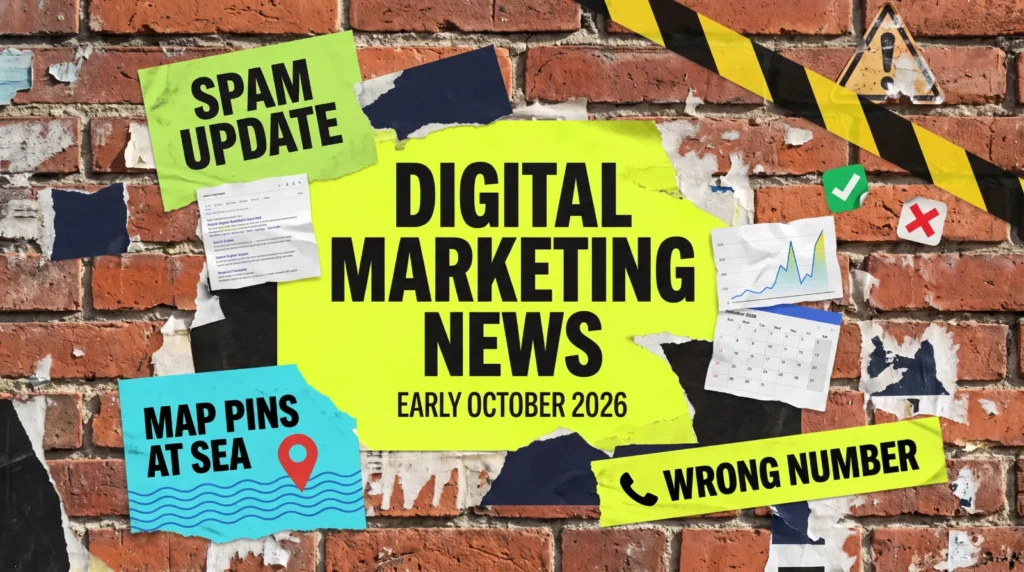 Digital marketing news early-October 2026 poster wall showing spam update, map pins at sea and wrong number headlines