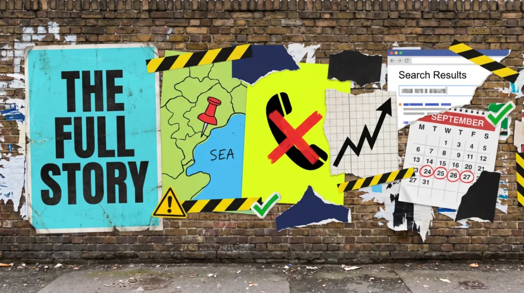 Digital marketing news early-October 2026 full story posters with a map pin in the sea and a crossed out phone