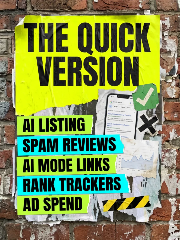 Digital marketing news end-September 2026 quick version poster listing AI listing, spam reviews, AI Mode links, rank trackers and ad spend
