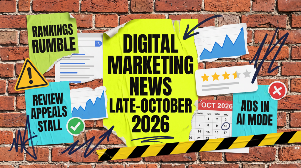 Digital marketing news late-October 2026 posters on a brick wall: rankings rumble, review appeals stall, ads in AI Mode