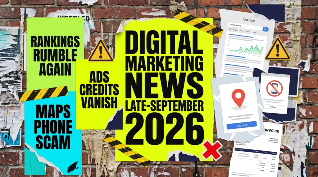 Digital marketing news late-September 2026 fly-posted wall with posters for rankings, a Maps phone scam and Google Ads credits