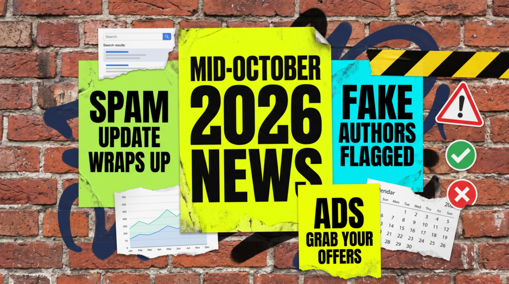 Digital marketing news mid-October 2026 posters on a brick wall: spam update wraps up, fake authors flagged, ads grab your offers