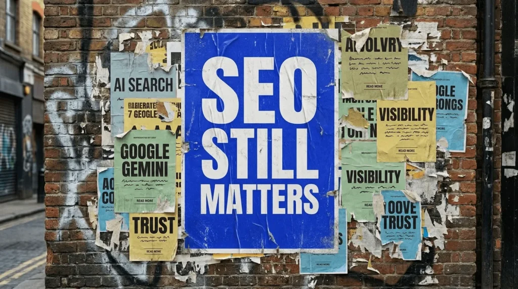 Blue poster reading SEO Still Matters, on whether you still need SEO, amid torn posters about AI search and Gemini.