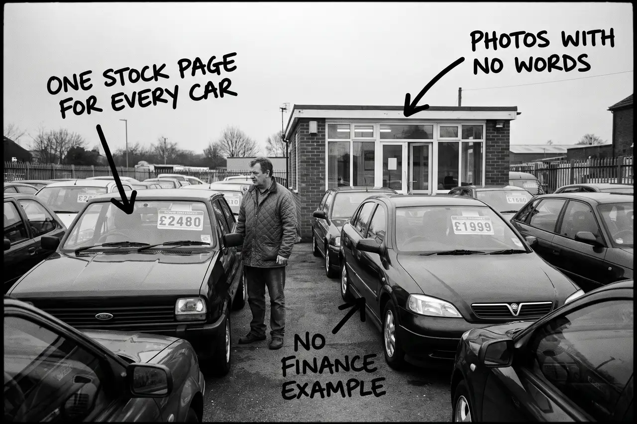 Salesperson on a used car forecourt with marker notes reading one stock page for every car, no finance example and photos with no words, annotated photo