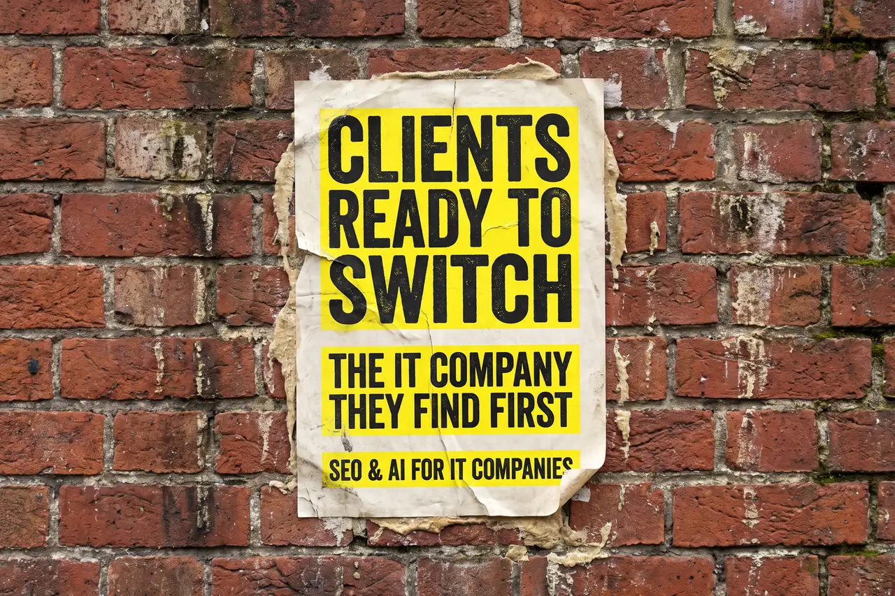 How Do I Get More Clients For My IT Company? poster pasted on a brick wall