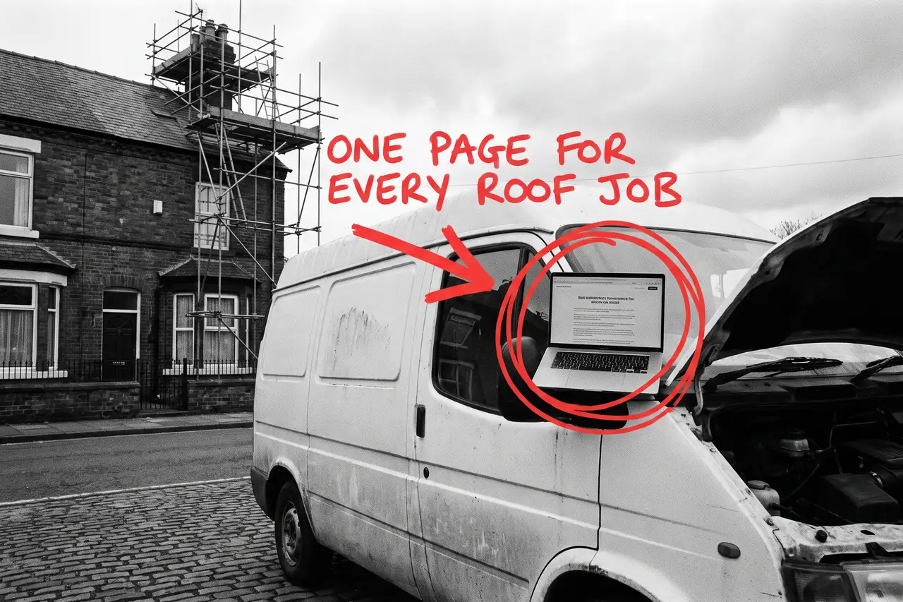 Roofing company website with repairs, replacements and flat roofs on one page and the emergency search nowhere to land, marker-annotated photo