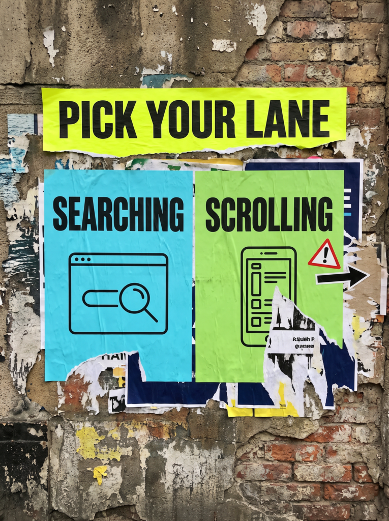 Google Ads vs Facebook Ads quick version poster: searching or scrolling, pick your lane