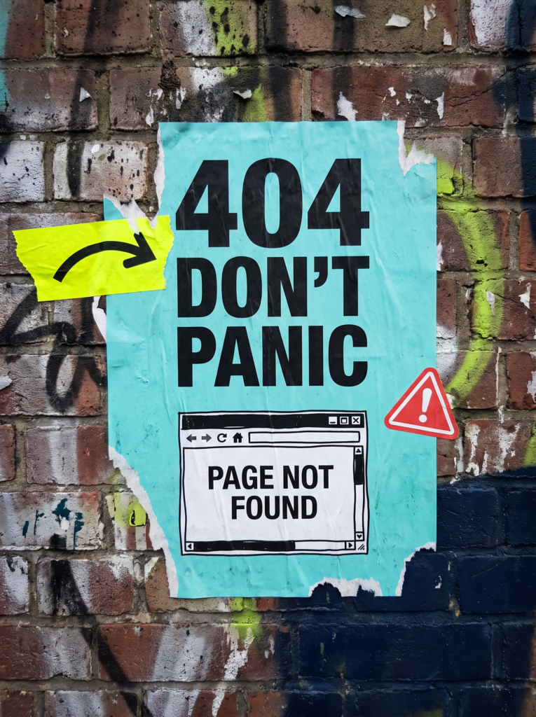 404 poster with a page not found window, a quick guide on how to fix broken links