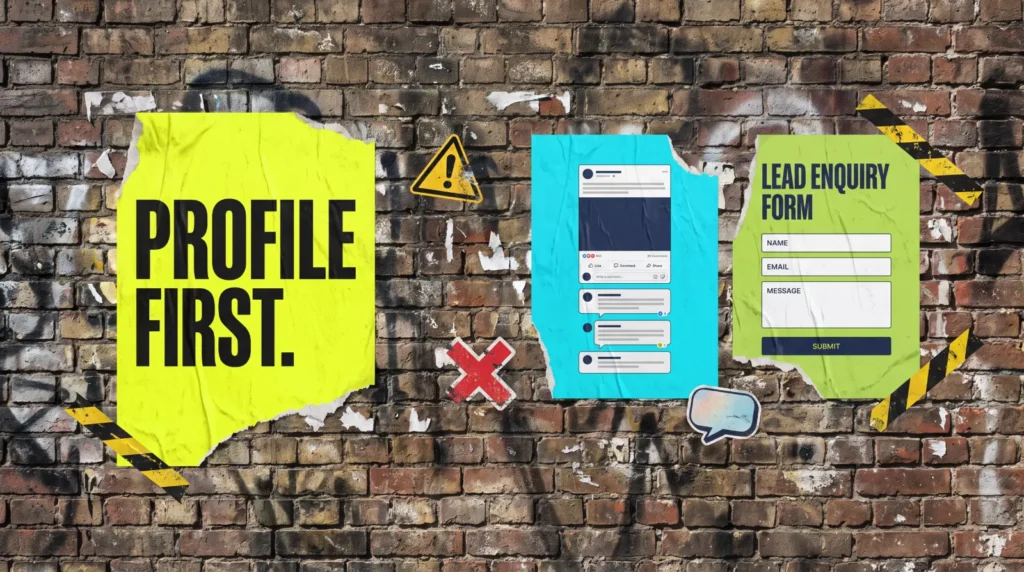 How to generate leads on LinkedIn: profile first poster collage on a brick wall