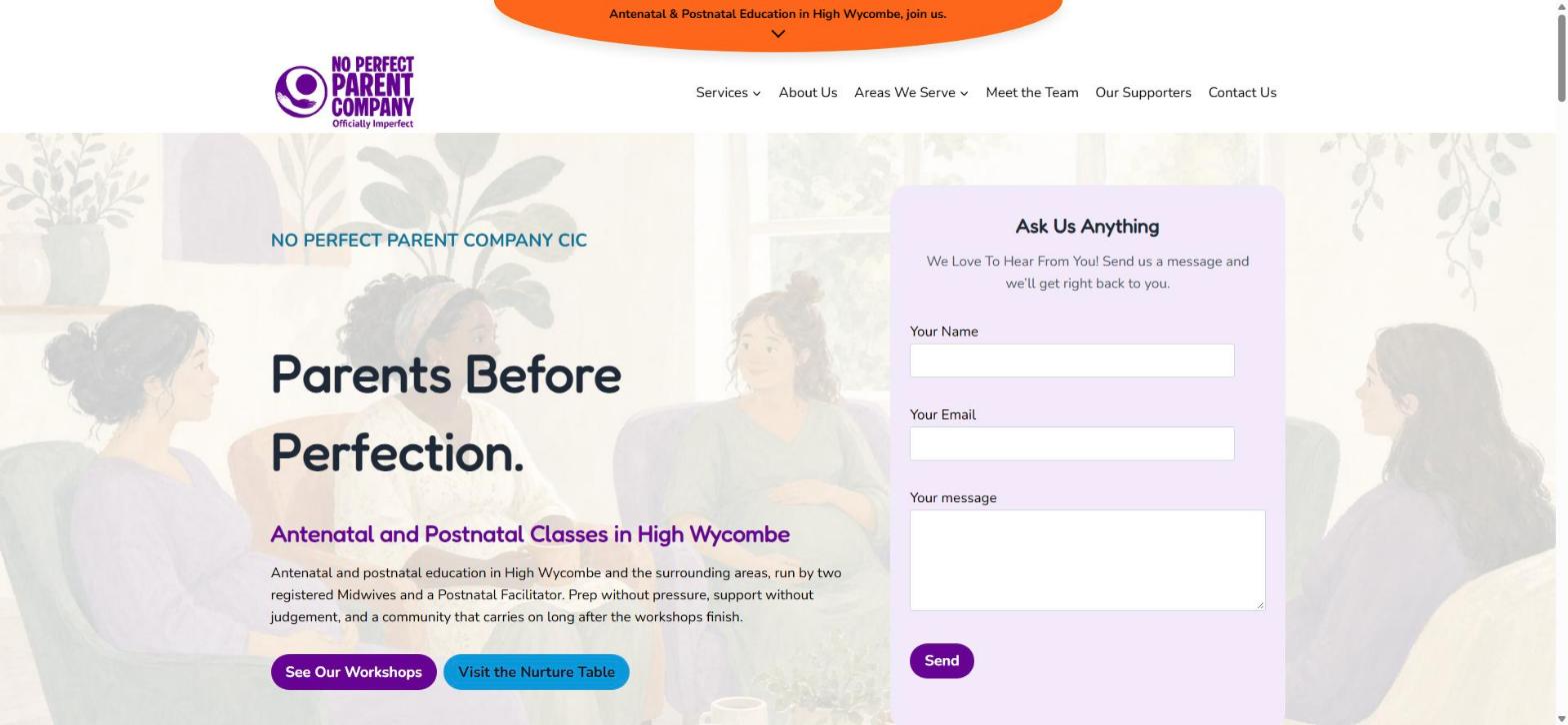 No Perfect Parent Company homepage built by FlyPost