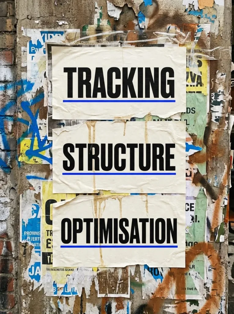Three posters reading tracking, structure and optimisation pasted on a graffiti wall