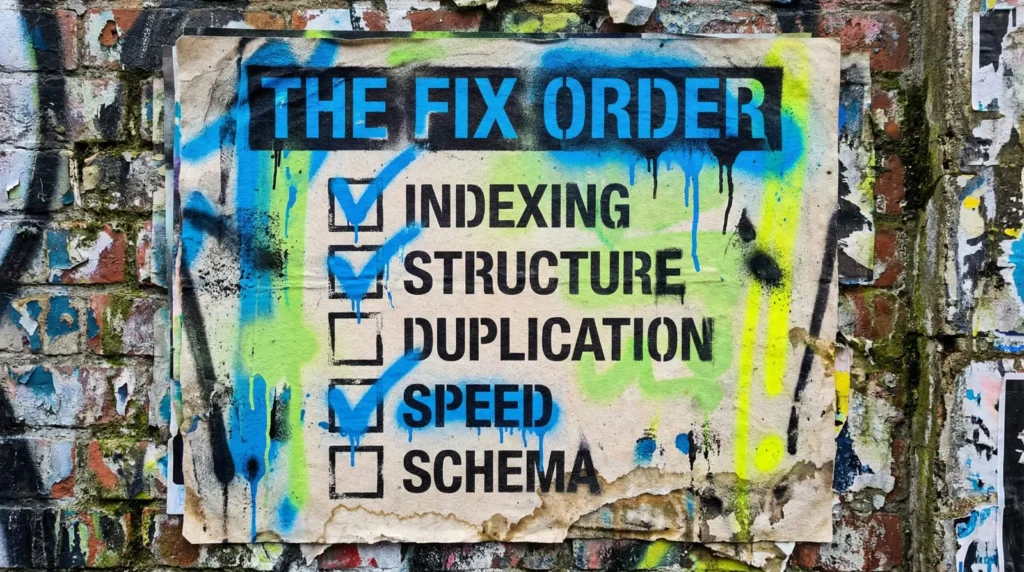 technical SEO checklist for WordPress Fix order The fix order poster on a brick wall listing indexing, structure, duplication, speed and schema
