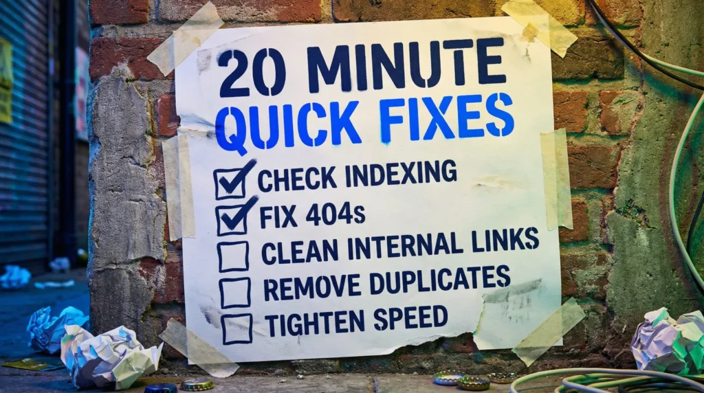 technical SEO checklist for WordPress quick fixes 20 minute quick fixes poster: check indexing, fix 404s, clean internal links, remove duplicates, tighten speed