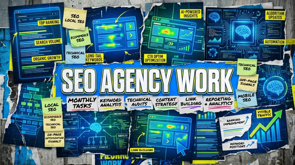 Collage reading SEO Agency Work, on what an SEO agency does, with cards on monthly tasks, keyword analysis and audits.