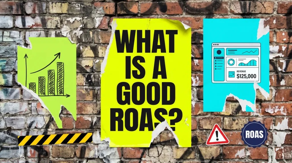 What is a good ROAS? Poster collage on a brick wall with a ROAS dashboard and chart