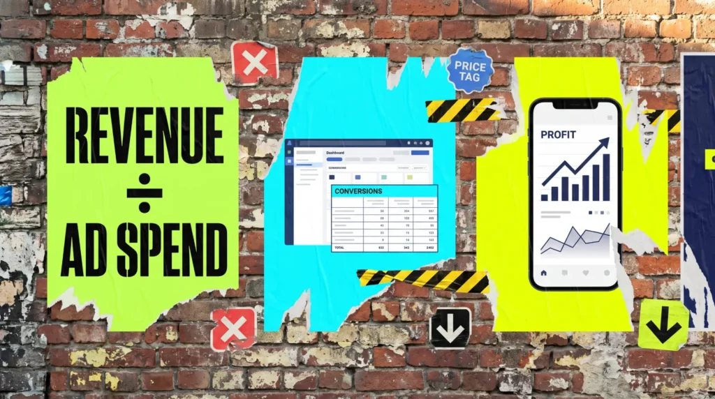 What is a good ROAS: revenue divided by ad spend poster collage on a brick wall